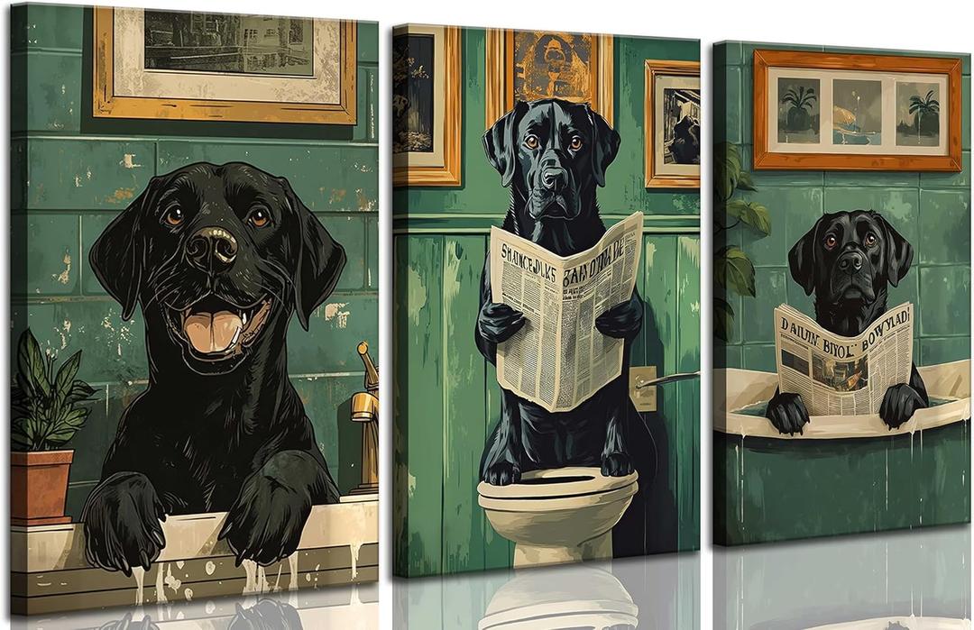 3Pcs Funny Bathroom Dog Canvas Wall Art Humor Vintage Black Dog Reading Newspaper on Toilet Animal Painting Pictures Wall Decor Poster Print Artwork for Washroom Restroom Home Decoration (16L''x12W'')
