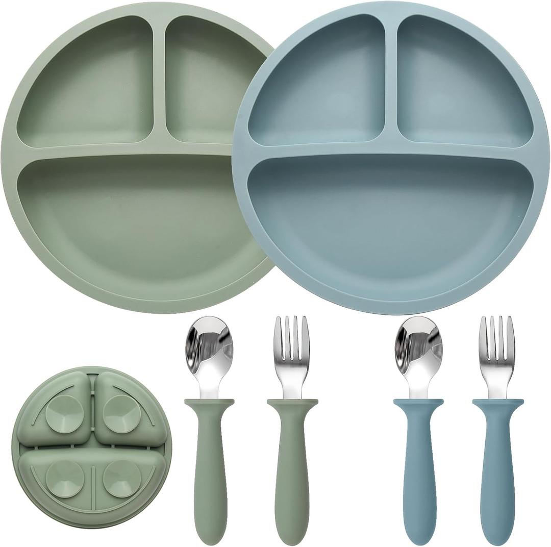 Baby Feeding Set, 2 Pack Silicone Divided Suction Plates for Baby, 2 Pack Spoons and Forks Set, BPA Free, Baby Led Weaning Supplies for Toddler Utensils (Blue)