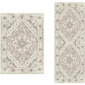 SERISSA 3x5 and 2x5 Boho Rugs Beige Earth Tone Rug Non-Slip Washable Area Rug, Ultra Soft Oriental Vintage Low-Pile Carpet for Kitchen Bedroom Bathroom Living Room