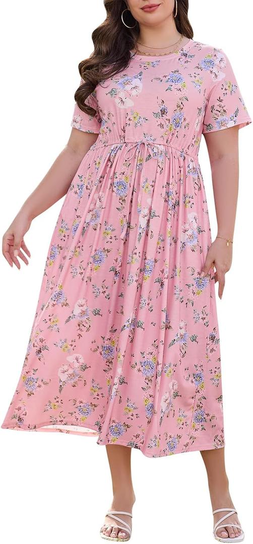 Keluummi Women's Plus Size V Neck 3/4 Sleeve Empire Waist A-Line Maxi Dress | Wrap Design, Surplice Neckline, Pockets, Side Split, Stretchable, Floral Print, For Spring Summer, For Wedding Guest Formal, 16+
