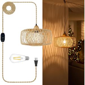 Plug in Pendant Light, Bamboo Hanging Light with Plug in Cord 15ft Dimmable Cord, 12inch Rattan Lamp Shade, Boho Wicker Basket Light Fixture for Farmhouse Living Room Bedroom Dining Room
