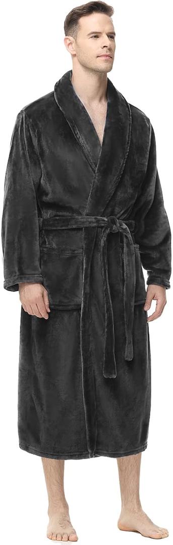 Yurhap Mens Fleece Robe, Soft Plush Robe for Men, Fluffy Bathrobe with Belt & 2 Pockets (Large-X-Large, Dark Grey)