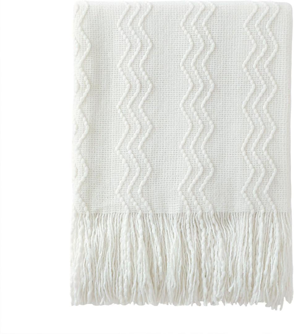 BOURINA Off White Throw Blanket 50x60 Inches Throw Textured Solid Soft Sofa Couch Decorative Knit Blanket