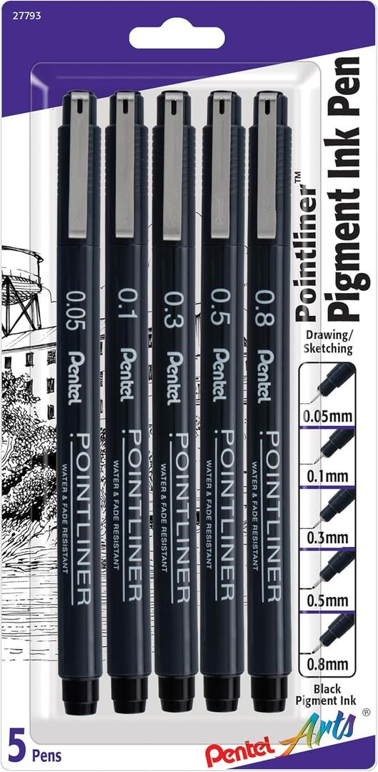 Pentel Arts Pointliner Drawing Pen, 5-Pack, Assorted Sizes, Black Ink (S20PBP5A)