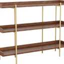 Martha Stewart Emmett 3 Shelf Storage Display Unit Bookcase with Metal, Set of 1, Walnut Wood Grain/Polished Brass Frame