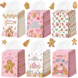 Kolldenn 48 Pcs Pink Christmas Gingerbread Party Favors Bags Christmas Goodie Gift Paper Bags with Handles Xmas Tree Gingerbread Coffee Candy Treat Bag for Xmas Party Decorations Holiday Supplies