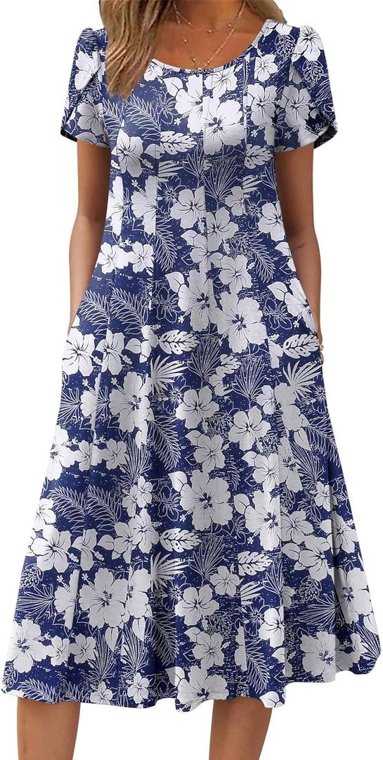 Zeagoo Womens Casual Dresses for Summer Short Sleeve Flare Midi Dress Loose Flowy Beach Sundress (Large, Deep Blue Flower)