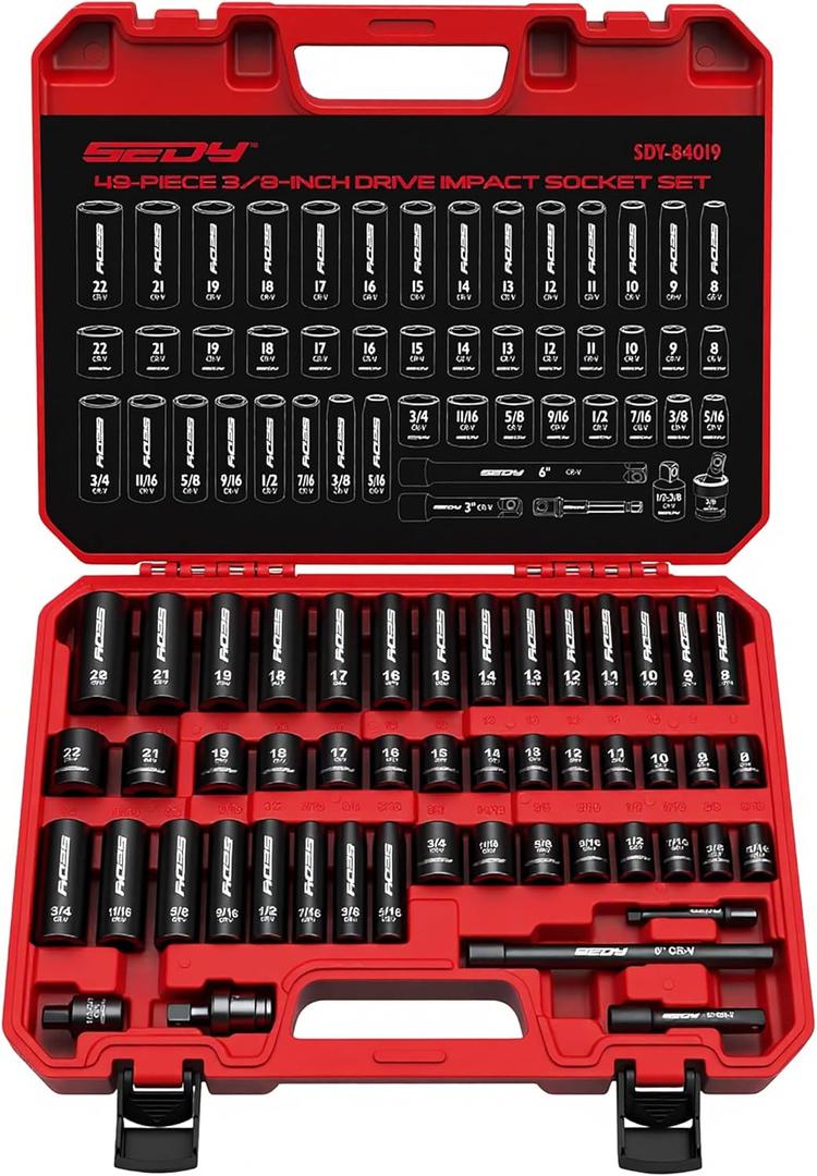 3/ 8" Drive Impact Socket Set - 49-Piece SAE (5/ 16 to 3/ 4 inch) and Metric (8-22mm) Sizes with Extension Bars and Universal Joint Standard & Deep CR-V Material for High Durability Impact Wrench