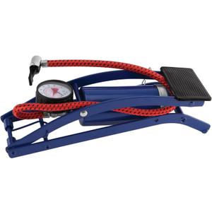 Performance Tool W1638DB Foot Pump for Bike Tires and Sports Equipment with Air Pressure Gauge, Braided Hose, and Needle Valve with Adaptors, 100 P.S.I Capacity, Blue