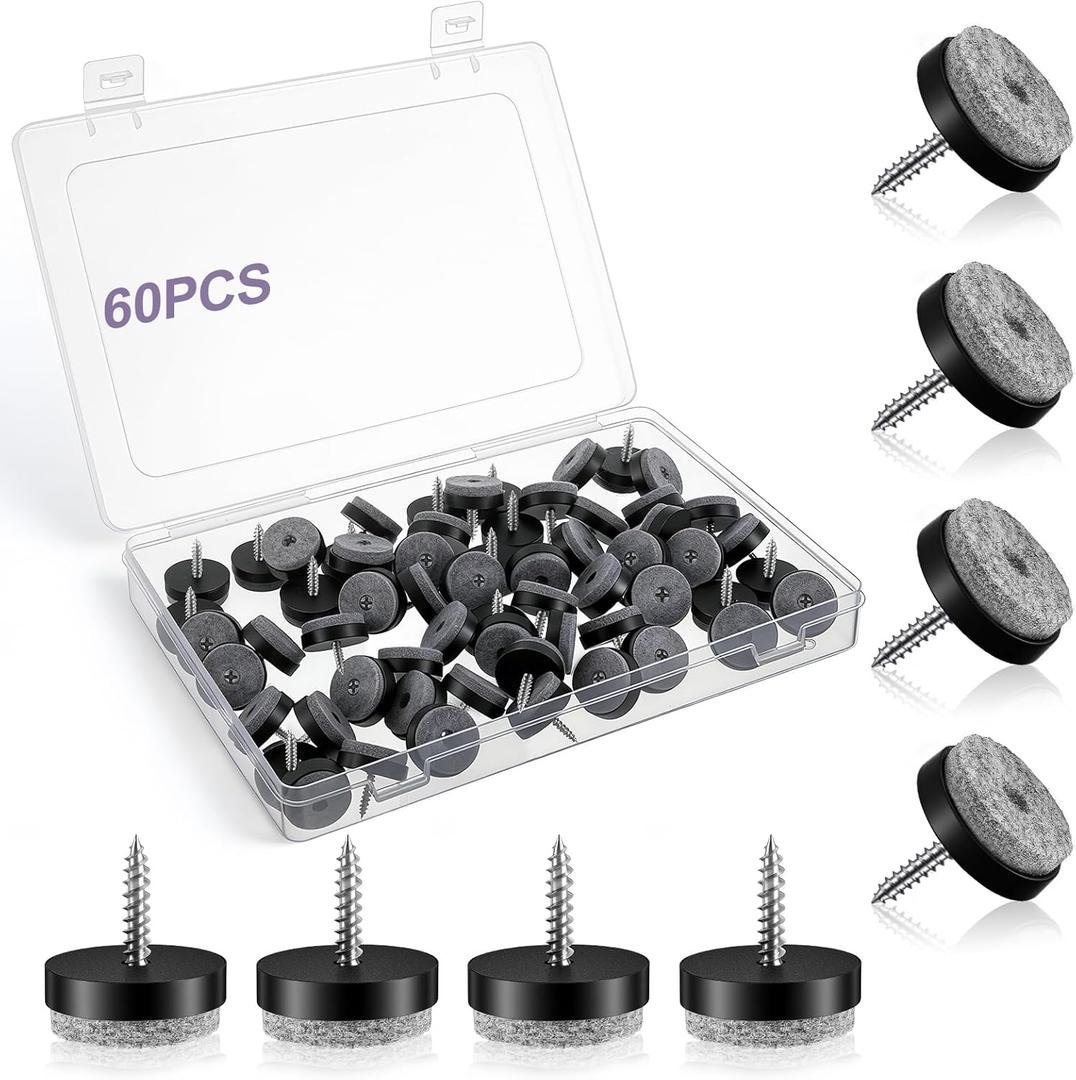 60 Pcs Black Screw on Furniture Felt Pads Kit, 0.8 Inch Non Slip Furniture Pads, Nail in Hardwood Floor Protector for Wooden Leg Feet of Chair Table Sofa, Cutting Boards