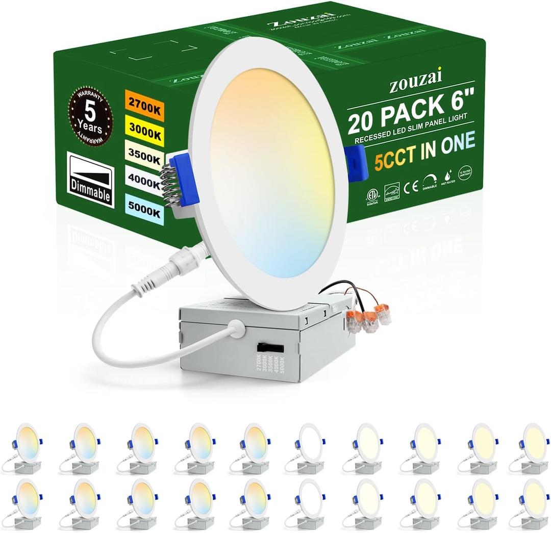 zouzai 20 Pack 6 Inch Ultra-Thin LED Recessed Ceiling Light with Junction Box 5CCT Adjustable Dimmable Can-Killer Downlight - ETL and Energy Star Certified