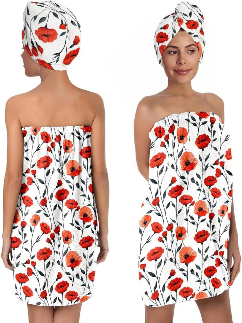 Red Poppy Bath Wrap Set with Hair Turban, Floral Pattern Absorbent Quick-Dry, Spa Towel Wrap, Towel Robe for Women