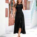BeryLove Women Sequin Formal Party Dress Flutter Short Sleeve Wedding Cocktail Long Evening Dress (Black, XXL)