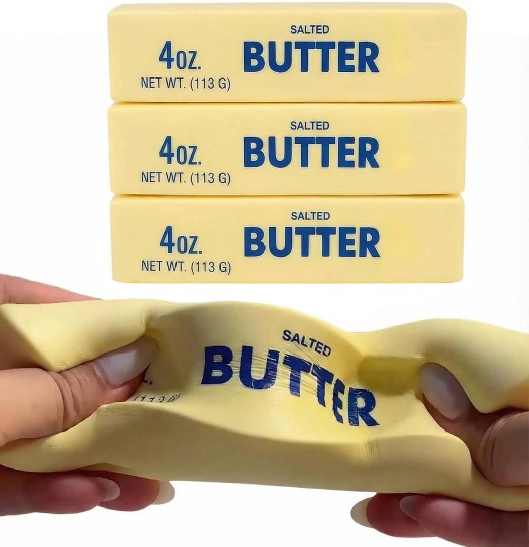 Butter Squishy Toy, Slow Rising Stress Relief Fidget, Soft PU Butter Stick Squeeze Toy, Realistic Food Squishy for Desk, Sensory Play, Relaxing Breaks, Party Favor, Gift Idea (3 PC)