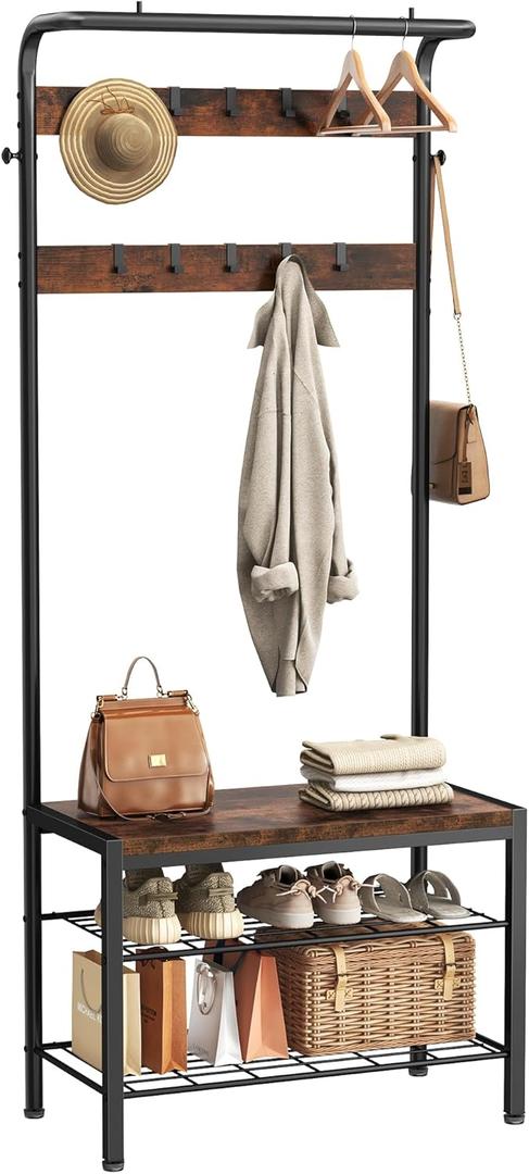 DUMOS Hall Tree with Shoe Bench and Coat Rack, Entryway Bench with Shoe Storage and Hooks, 4-in-1 Coat and Shoe Rack for Entryway, Mudroom Storage Organizer with Shelves (Brown)