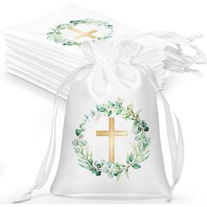 PerKoop 50 Pcs Baptism Satin Gift Bags with Drawstring 4 x 6 Inch Religious Gift Bags Cross Candy Jewelry Pouches for Baptism Christmas Nativity First Communion Party Favor(White, Greenery)
