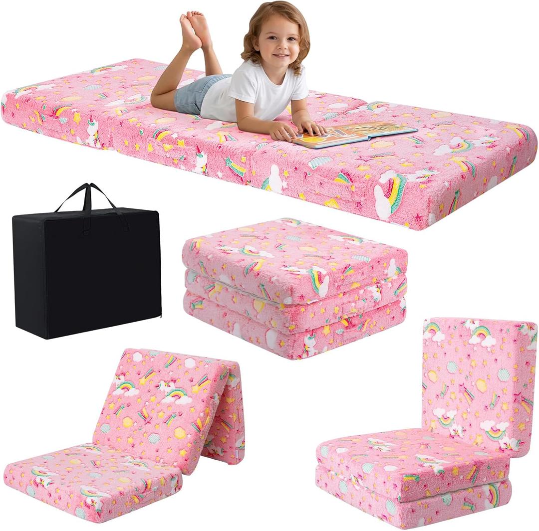 MeMoreCool Glow Pink Unicorn Foldable Floor Mattress for Kids, Trifold Nap Mat for Toddlers, Portable Daycare Sleeping Futon or Floor Bed, 57x22 Inch