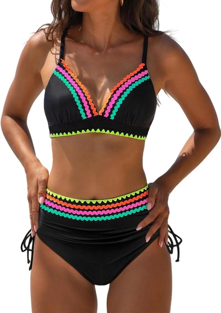 popvil High Waisted Bikini Sets for Women Tummy Control Swimsuits Two Piece Neon V Neck Drawstring Bathing Suits 2026 (Black, L)