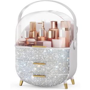 Bling Makeup Organizers, Cosmetic Display Case with Clear Cover, Vanity Makeup Organizers for Lipstick Perfume Lotion and Skincare, Silver Diamond