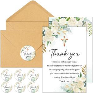 50 Pack Funeral Thank You Cards with Envelopes, 46 In Watercolor Flowers Sympathy Thank You Cross Bereavement Card for Funeral Memorial Family Friends Loved Ones Celebration of Life