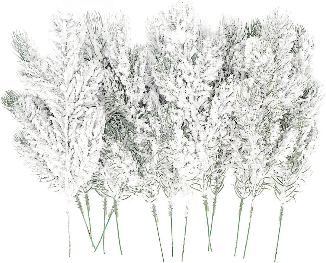 28 Pcs Artificial Flocking Pine Picks Snow Forest Artificial Pine Needles Branches Christmas Fake Greenery Tree Branches DIY Leaves for Christmas Wreaths Garden Party Holiday Decor (White, 28)