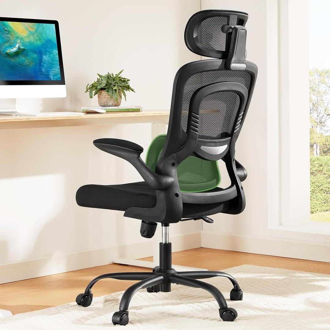 Marsail Office Chair Ergonomic-Desk Chair: High Back Mesh Office Chair with Lumbar Support,Flip-Up Armrests&2D Headrest,Gaming Chair with Rocking Tilt, Swivel Computer Task Chair for Long Hours (Black)