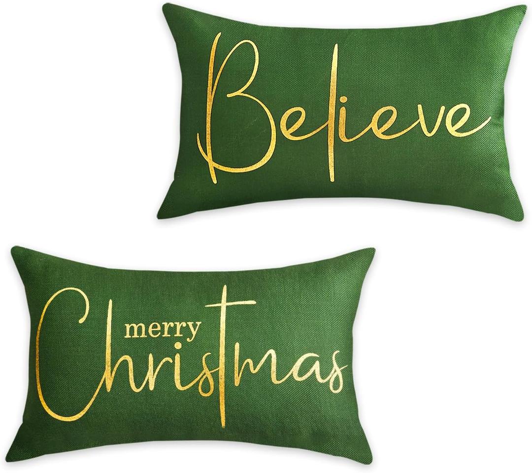 HOMFREEST Gold Green Christmas Pillow Covers 12x20 Set of 2 Merry Christmas Throw Pillowcases Xmax Winer Holiday Outdoor Cushion Cases for Sofa Couch