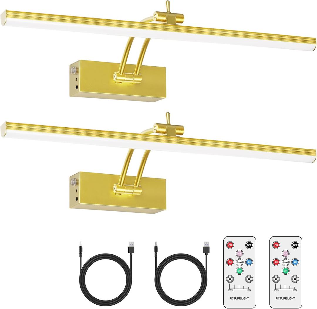 5200mAh Picture Light, Battery Operated Picture Lights for Wall, 16" Remote Dimmable Art Light with Timer for Paintings, 300LM Metal Painting Light for Display, Gallery, 2Pack (Gold-2P (B))