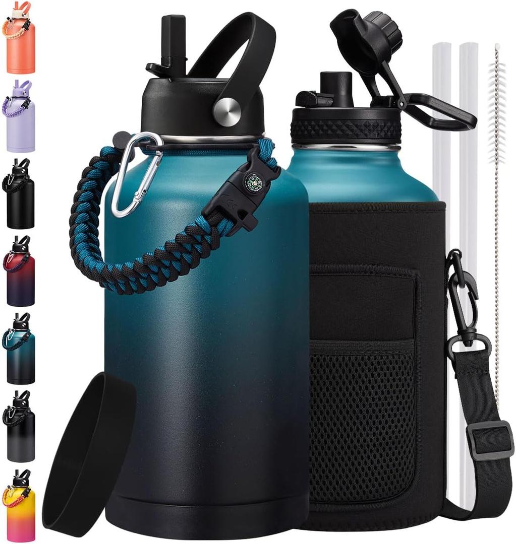 64/128 oz Half Gallon Insuated Water Bottle, (Keep Cold 48H), Leak Proof Food-Grade Stainless Steel Water Jug With Straw Lid and Atuo Spout Lid, Portable Paracord Handle & Carrier Bag Indigo Black