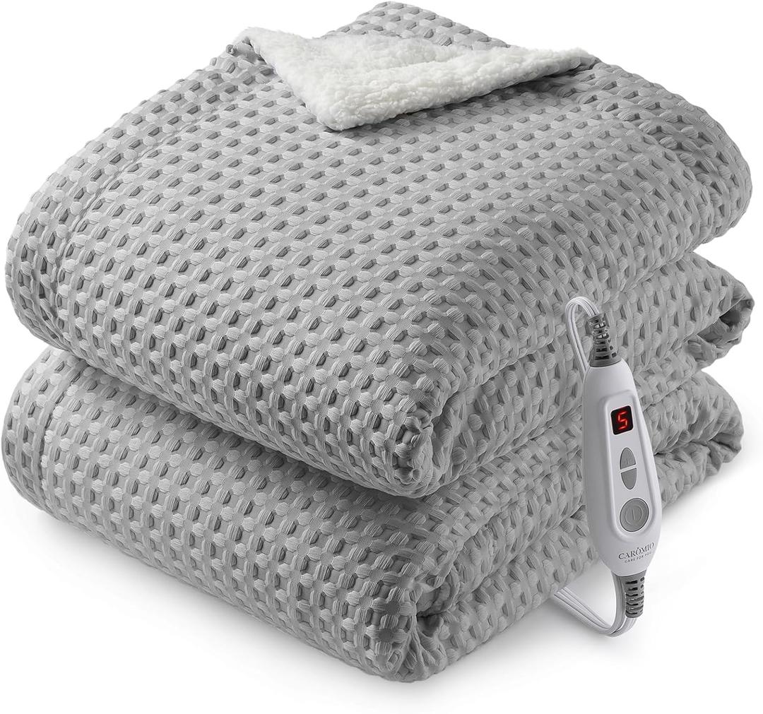 CAROMIO Heated Blanket Throw, Waffle Weave Electric Throw Blanket Fast Heating with LCD Controller, 6 Heat Levels & 4 Hour Auto Shut Off, ETL Certified, Machine Washable, Grey, 50" x 60"