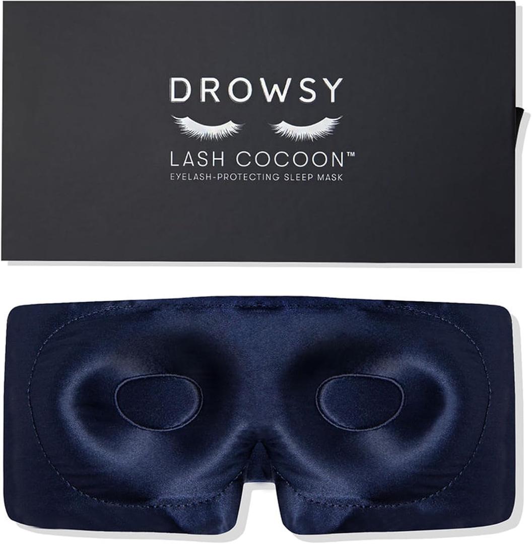 DROWSY Eyelash Protecting Silk Sleep Mask for Natural Lashes & Extensions. Deep Eye Cups, Zero Pressure, Total Blackout, Full Wraparound (Midnight Blue)