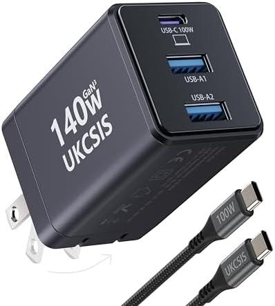140W USB C Charger Block - UKCSIS 3-Port GaN Fast Chargers, Foldable USB C Wall Charger, Compact 100W Laptop Adapter, for MacBook Pro/Air, iPad Pro, Galaxy, iPhone Series (Black, 4ft)