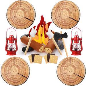 26 Pcs Pretend Camping Play Set Fake Campfire Felt Toys Wood Patten Throw Pillow Cushion Red LED Hurricane Lantern for Adults Kids Learning Preschool Boys Girls Gifts