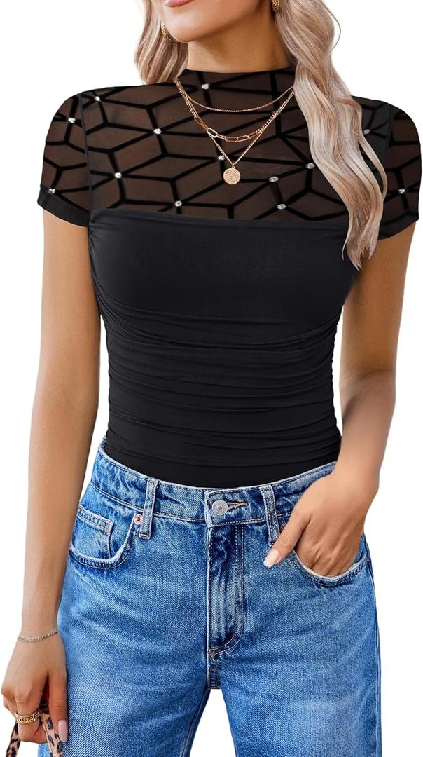 Avidlove Women's Short Sleeve Bodysuit Turtle Neck Body Suits Mesh One Piece Leotard Going Out Tops Date Outfits (Medium)