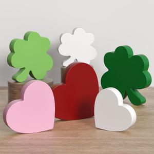 Valentine's Day/ St. Patrick's Day Decorations Tiered Tray Decor, 6 Pcs Heart and Shamrock Wooden Signs Table Decor for Home Kitchen Office