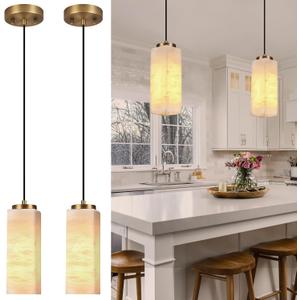 Natural Alabaster Pendant Lights Set of Two, H-11in Pendant Light Fixtures, Marble Square Shade Copper, Light Pendant for Bedroom Dining Room Living Room (E12 Bulbs INCL) Gold, 2 Pack