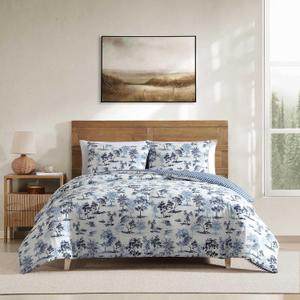 Eddie Bauer - Twin Comforter Set, Reversible Bedding with Matching Sham, Buffalo Check Reverse, Dorm Essentials (Vintage Forest Toile Blue)