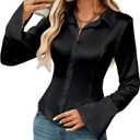 Women's Satin V-Neck Blouse Long Sleeve Button Down Shirt Business Casual Loose Fit Work Top (X-Large, Black)
