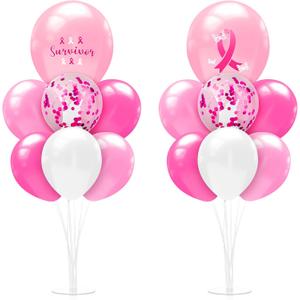 Seematn 2 Set Breast Cancer Awareness Balloon Stand Kits Pink Ribbon Balloon Sticks Holder with Base Table Centerpiece Kit for Women Breast Cancer Charity Fundraiser Party Supplies