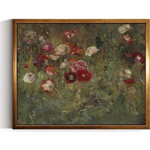InSimSea Golden Framed Vintage Canvas Wall Art A Bed Of Poppies Red Flower Field Landscape Painting 8x10 inch, Classic Floral Botanical Country Print, Moody Rustic Farmhouse Garden Wall Decor