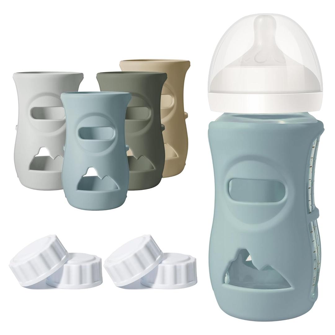 4 Pack Silicone Sleeves for Philips Avent Natural Glass Bottle, Food Grade Silicone Cover and 4pcs Travel Caps, Lids Replacement (Dark Blue+Dark Green+Grey+Beige, 8oz)