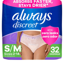 Always Discreet Adult Incontinence Underwear for Women and Postpartum Underwear, Small/Medium, Up to 100% Bladder Leak Protection, 32 Count