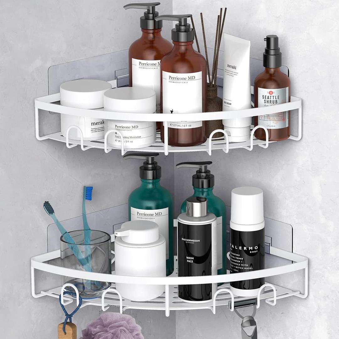Corner Shower Caddy, 2 Pack Adhesive Bathroom Shower Corner Organizer Shelf, No Drilling Rustproof Wall Mounted Shower Storage Rack Shampoo Holder Organizer (White)