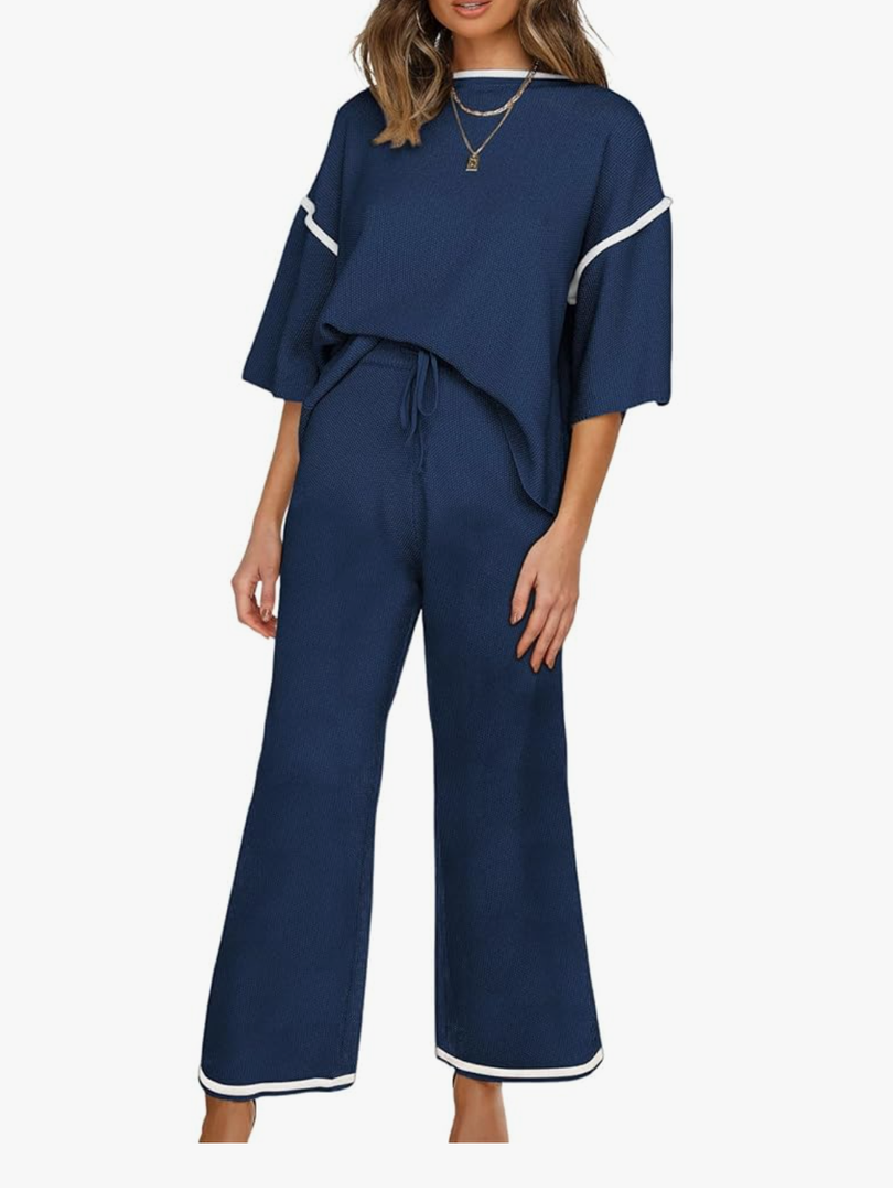 SHEWIN Womens Two Piece Outfits Casual Short Sleeve Knit Sweater Tops Matching Wide Leg Pants Tracksuit Lounge Sets Large