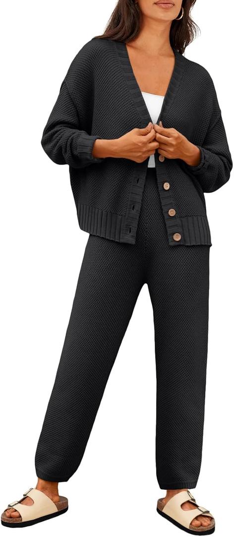 LILLUSORY Womens Cardigan Pants Sets 2 Piece Slouchy Sweater Loungewear (X-Large, Black)