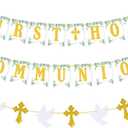 First Holy Communion Banner Cross Dove Garland for Holy First Communion Party Dcor God Bless Christening Boy Girls Baptism Decorations