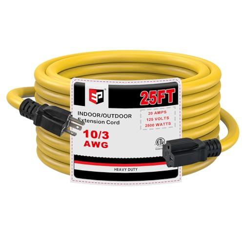 EP 25 Ft 10 Gauge Outdoor Extension Cord with T-Blade Plug, Heavy Duty NEMA 5-20 P/R Power Cord, 20A 250V 10/3 STW Cable for Lawn, Garden, Appliance, Yellow