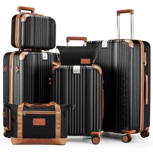 Luggage Set 6 Piece Luggage with PC+ABS Hardshell TSA Lock Spinner Wheels Carry on Lightweight Suitcase Cup Holder，YKK Zippers and Hoot(Black, 6 piece sets（14/20/24/28/DB/TB）)