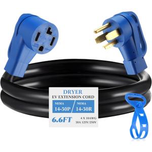 Kanayu 6.6 FT 4 Prong Dryer/EV Extension Cord 30 Amp NEMA 14-30P to 14-30R for Level 2 EV Charging and Dryer Power Flexible Cable STW 10 Gauge Cord with Grip Handle ETL Listed (Blue and Black)