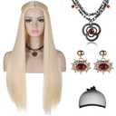 Morvally Young Princess Costume Wig for Women with Necklace and Earrings, Long Blonde Braided Middle Part Synthetic Wig for Cosplay Halloween Party (Blonde Style 1)